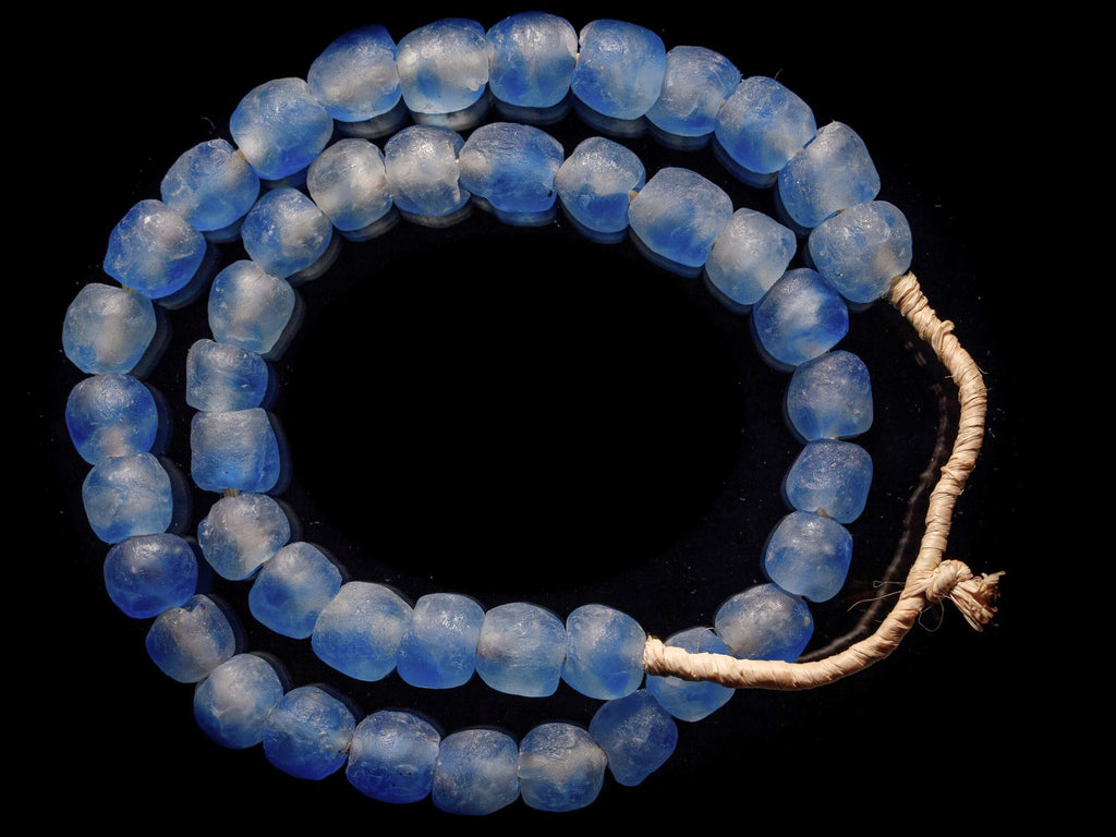 23" Strand of Recycled Glass Beads from Ghana, Blue Swirl