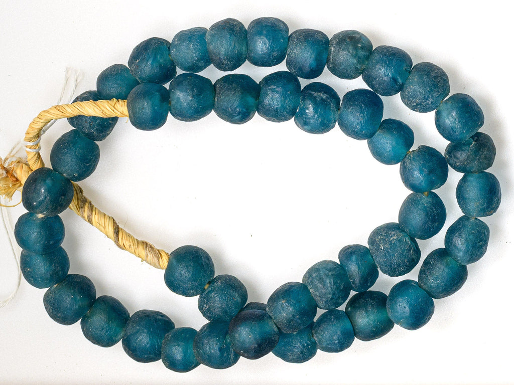 A 23" Strand of Recycled Glass Beads from Ghana, Teal Blue