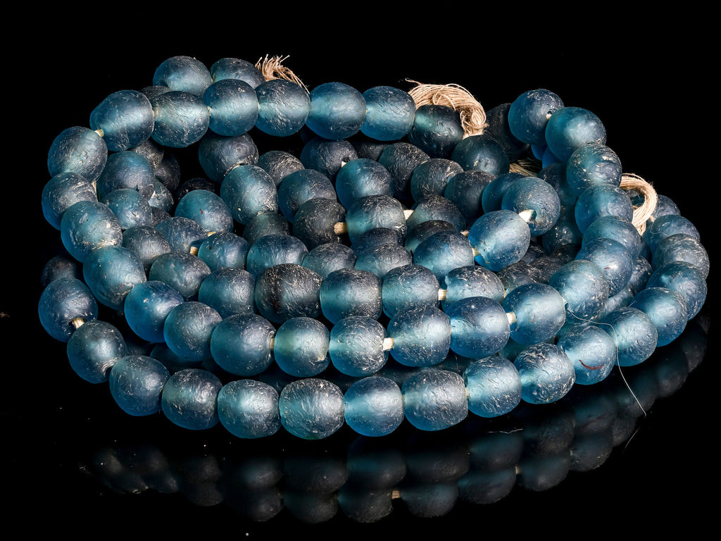 A 23" Strand of Recycled Glass Beads from Ghana, Teal Blue