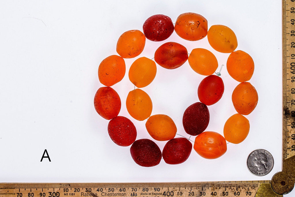 Bohemian Large Colodente "Pigeon Egg"  Glass Beads, Orange and Red Full strand 0995