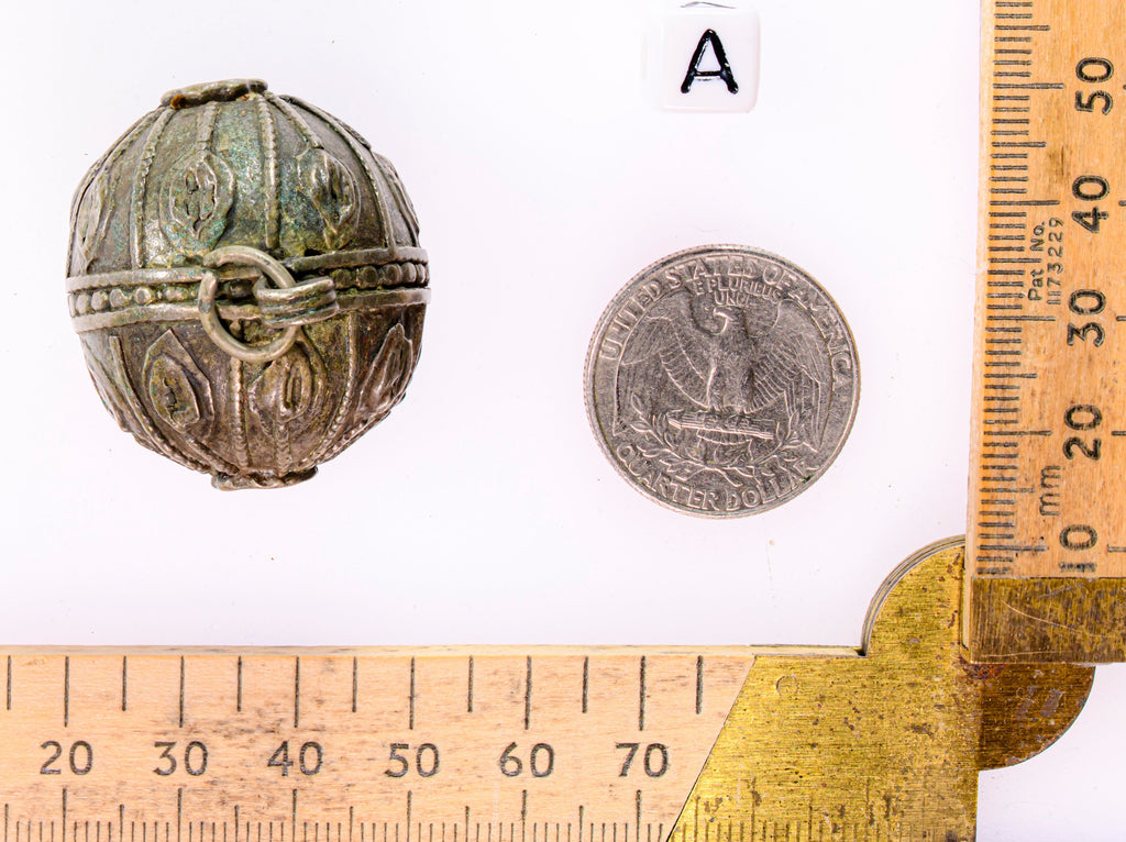 Large Antique Handmade Old Silver Globe Bead from Yemen, Ethnic Bead