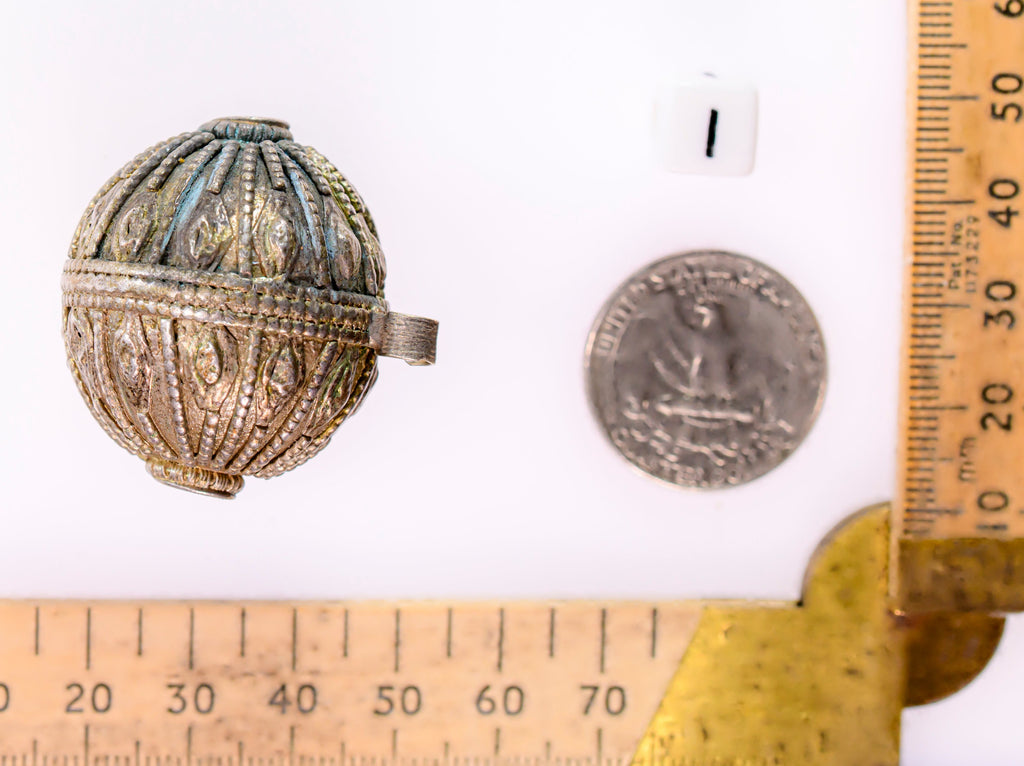 Large Antique Handmade Old Silver Globe Bead from Yemen (34x30mm), Ethnic Bead