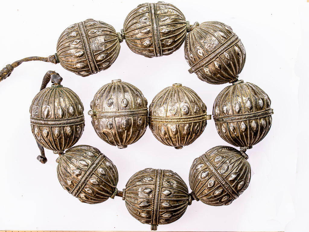 Antique Silver Globe Matched Large Beads from Yemen with Maker's Stamp, Ethnic Beads