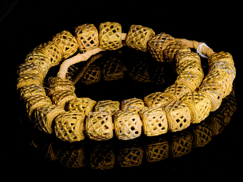 African Brass Filigree Cube Basket Weave Lost Wax  Beads from Ghana
