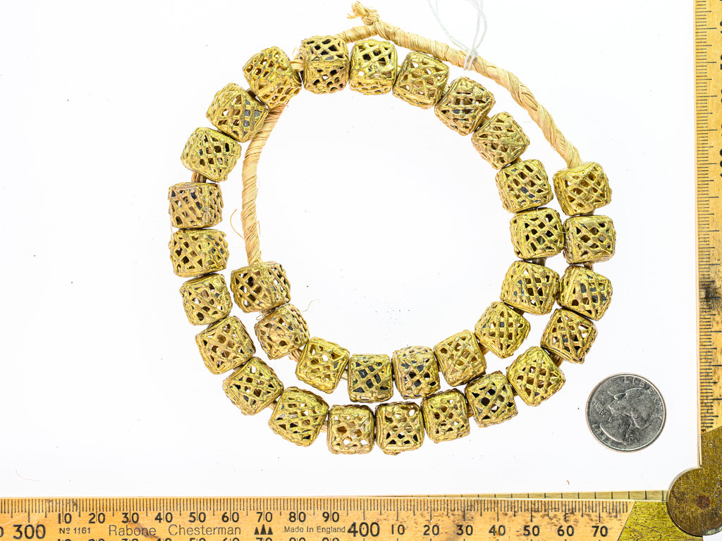 African Brass Filigree Cube Basket Weave Lost Wax  Beads from Ghana