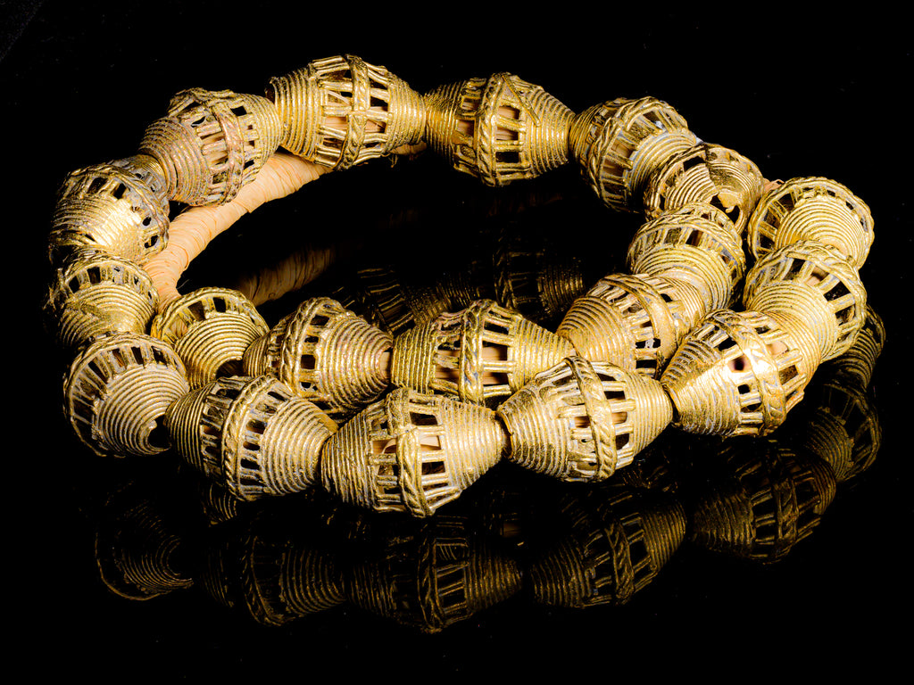 African Brass Bi-cone Lost Wax Beads With Roped Cage Design from Ghana