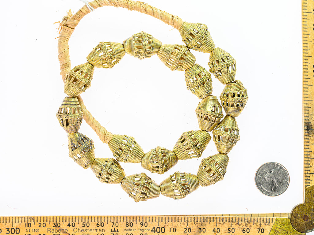 African Brass Bi-cone Lost Wax Beads With Roped Cage Design from Ghana