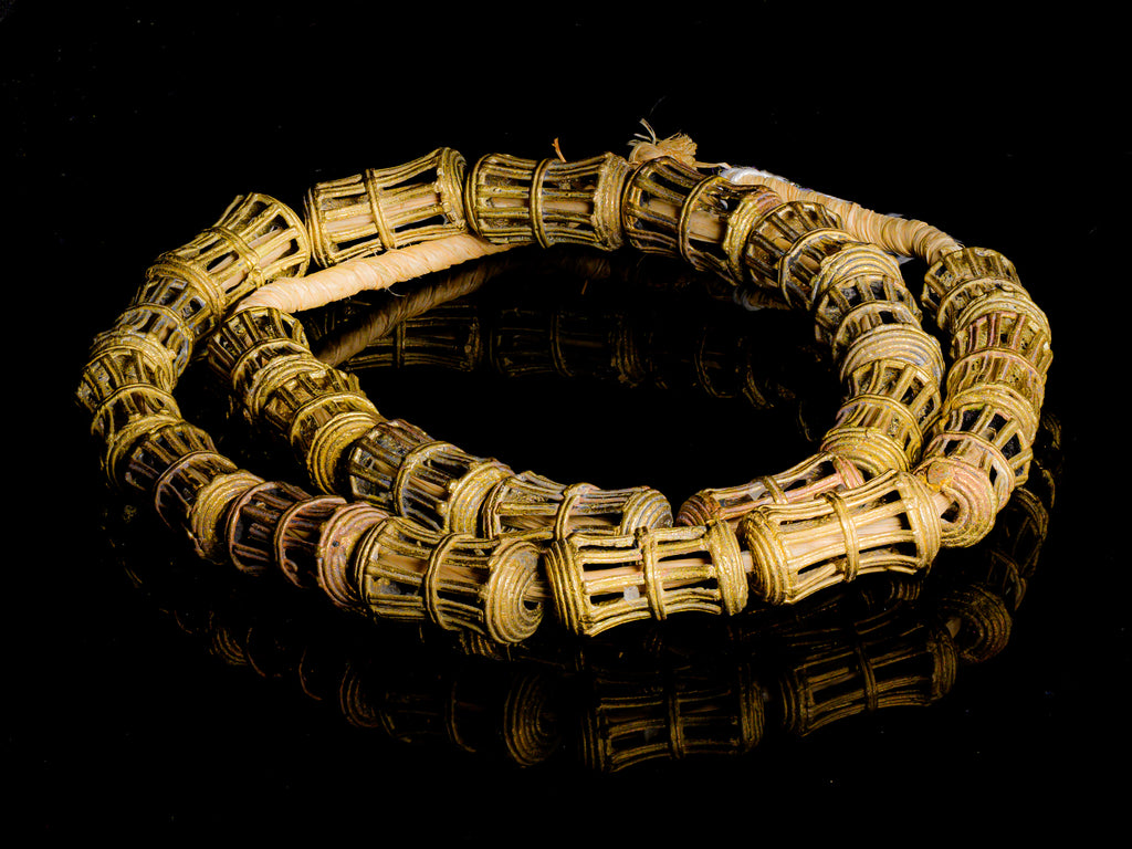 African Brass Filigree Hourglass Caged Lost Wax Beads from Ghana