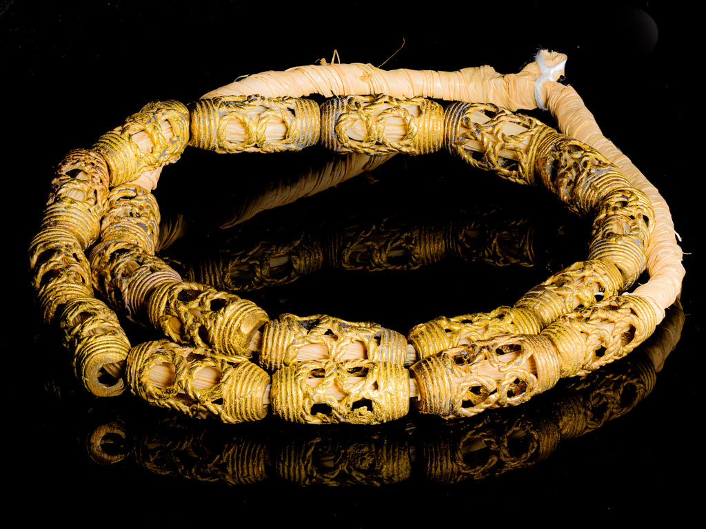 African Brass Filigree Cylindrical Eye Design Lost Wax  Beads from Ghana