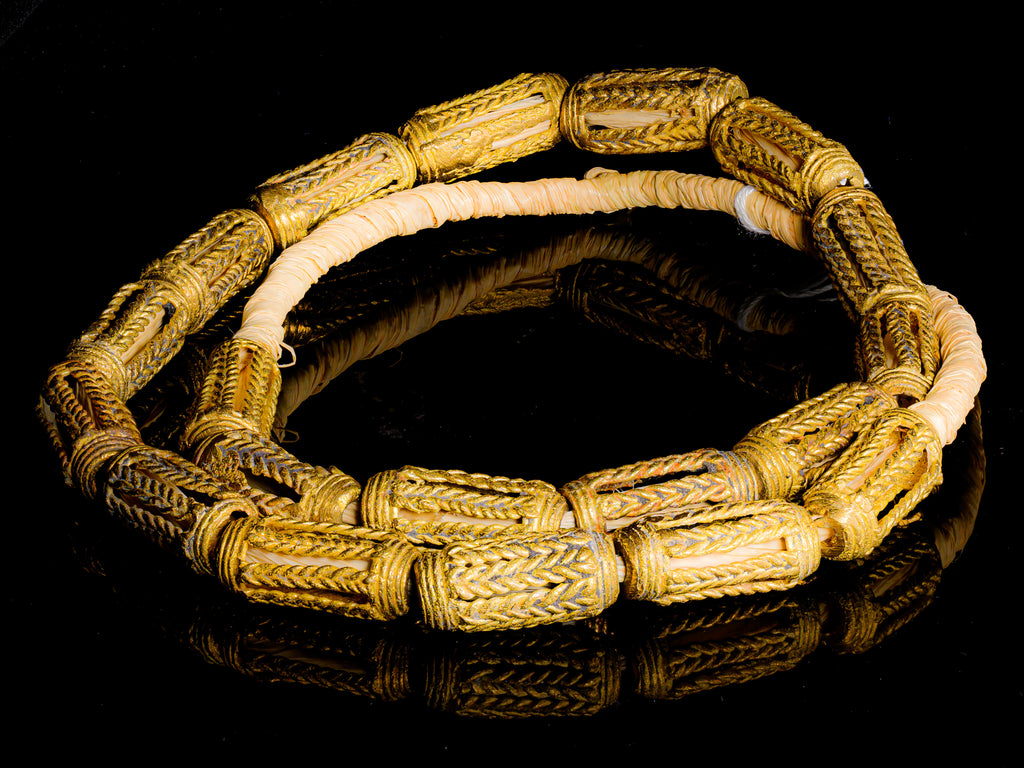 African Brass Filigree Cylindrical Braided Lost Wax Beads from Ghana