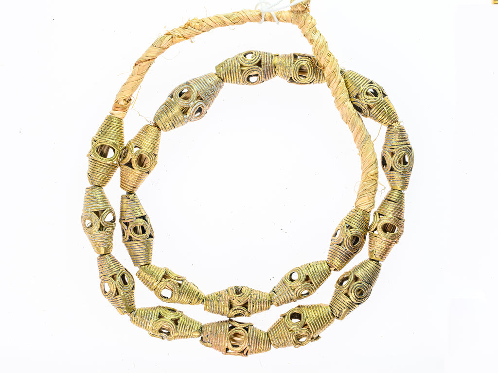 African Brass Bi-cone Lost Wax Beads with Eye Design from Ghana