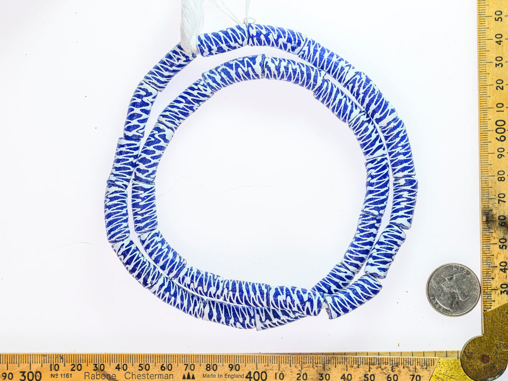 Recycled Glass Beads from Ghana, blue with white pattern - M00335