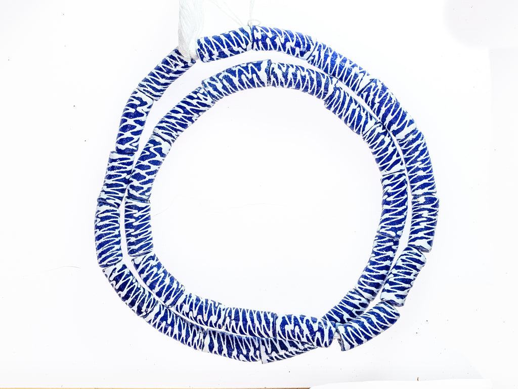 Recycled Glass Beads from Ghana, blue with white pattern - M00335