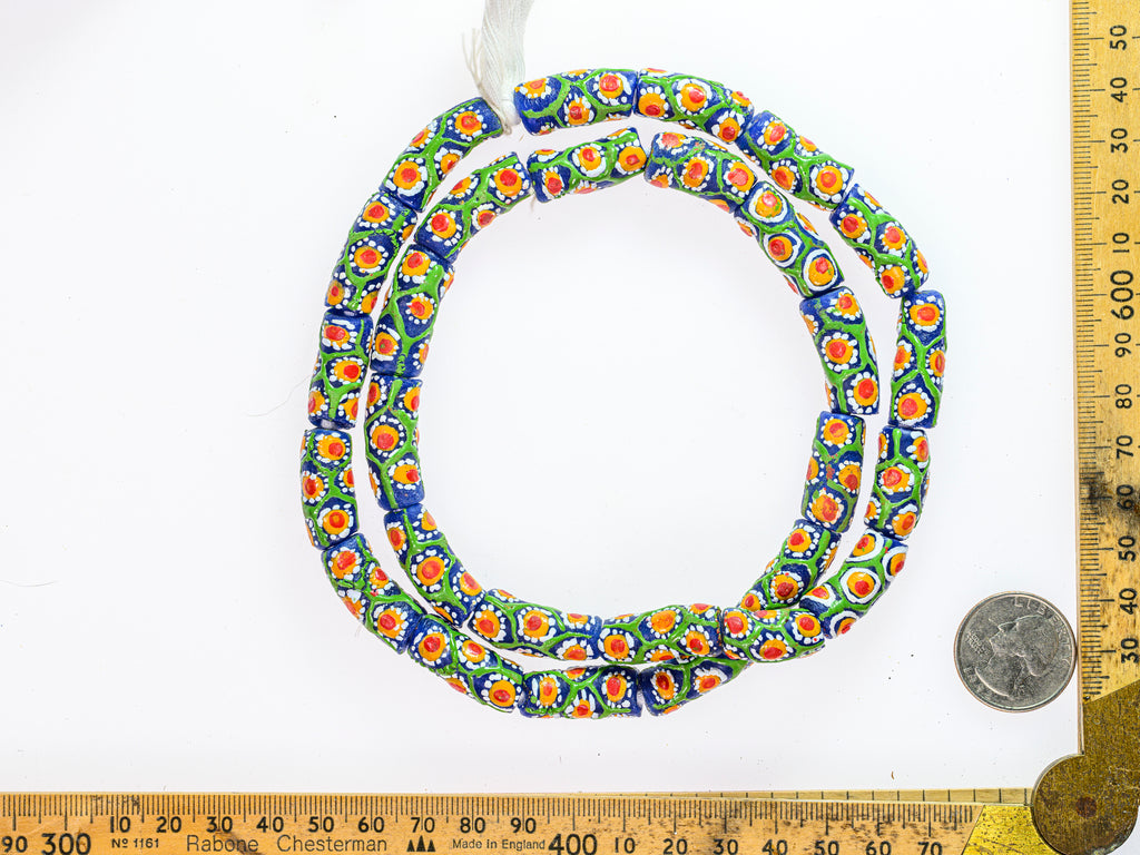 Recycled Glass Beads from Ghana - patterns of green, blue, red, orange, white - M00342
