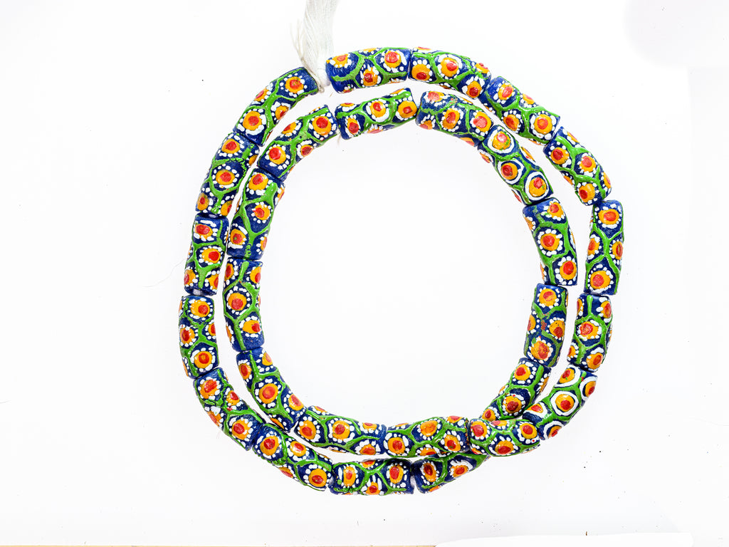 Recycled Glass Beads from Ghana - patterns of green, blue, red, orange, white - M00342