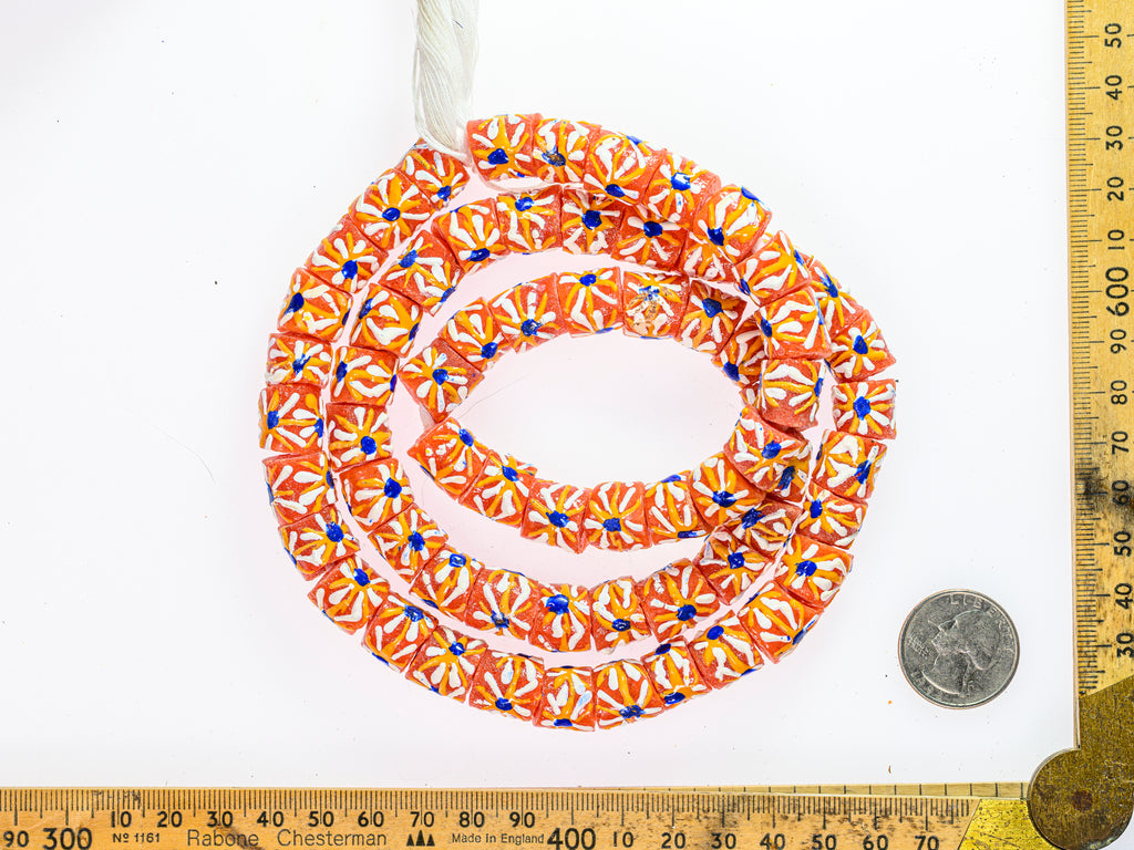 Recycled Glass Beads from Ghana - orange with blue, yellow and white pattern - M00345