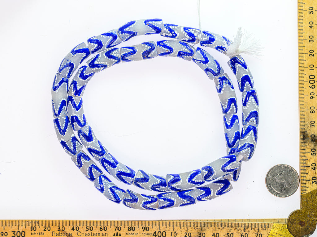 Recycled Glass Beads from Ghana - grey with blue pattern - M00347