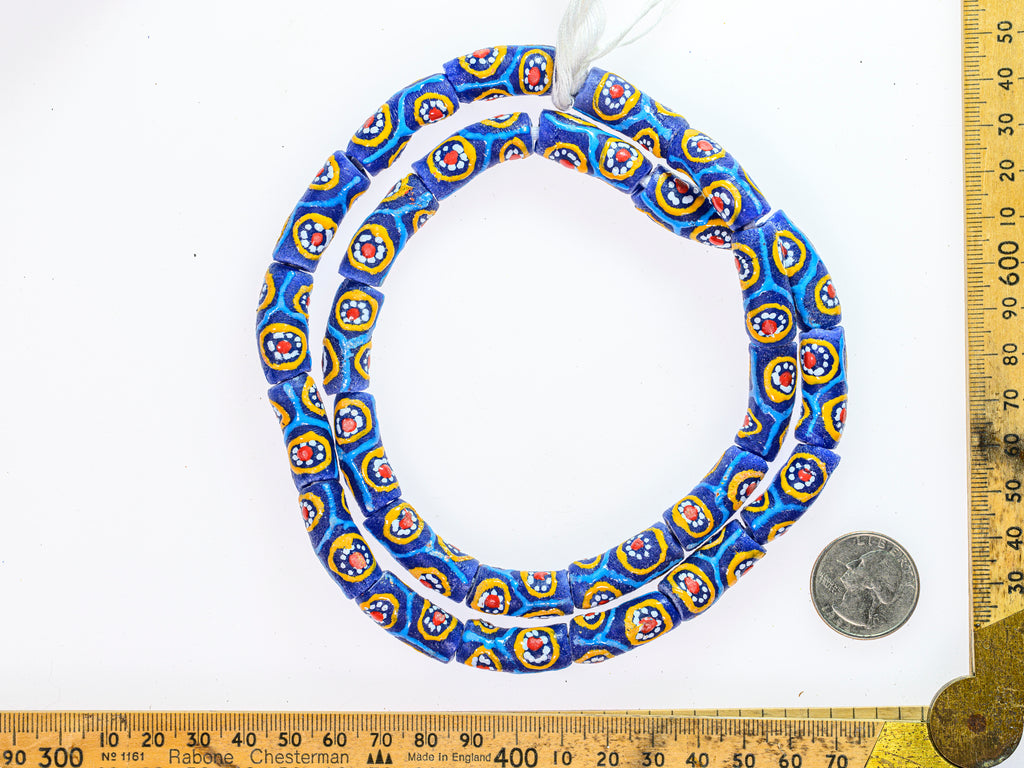Recycled Glass Beads from Ghana - blue with multicolor pattern - M00350