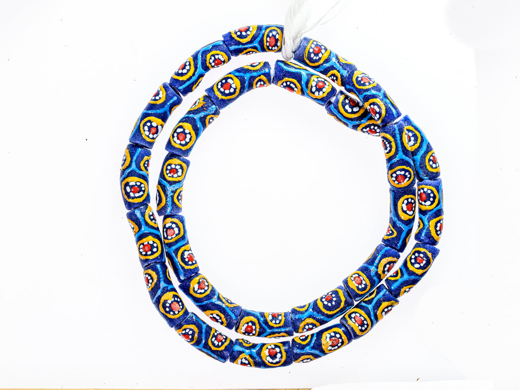 Recycled Glass Beads from Ghana - blue with multicolor pattern - M00350