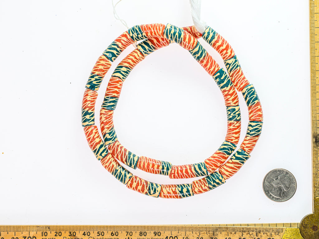 Recycled Glass Beads from Ghana - orange and green with white pattern - M00352