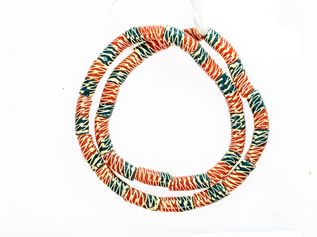 Recycled Glass Beads from Ghana - orange and green with white pattern - M00352