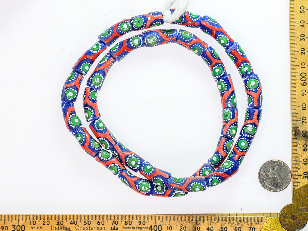 Recycled Glass Beads from Ghana - red / green / blue / white pattern - M00356