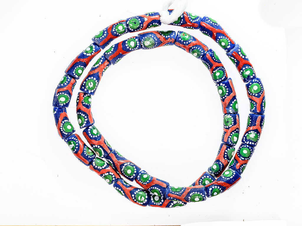 Recycled Glass Beads from Ghana - red / green / blue / white pattern - M00356