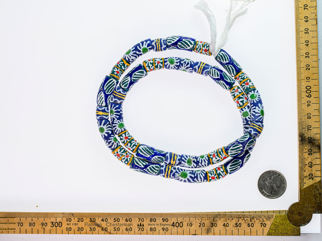 Recycled Glass Beads from Ghana - blue with multicolor pattern - M00357