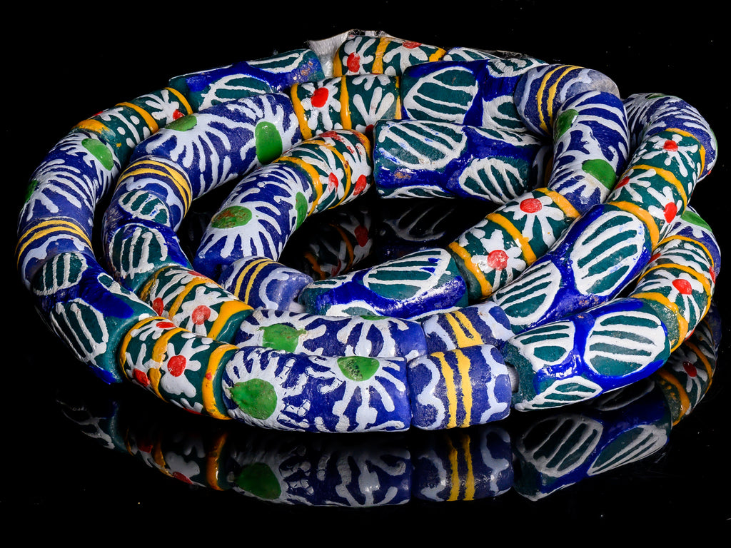 Recycled Glass Beads from Ghana - blue with multicolor pattern - M00357