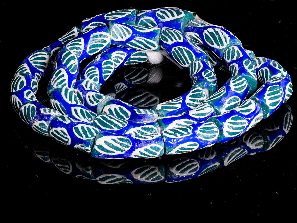 Recycled Glass Beads from Ghana - blue / green / white pattern - M00358