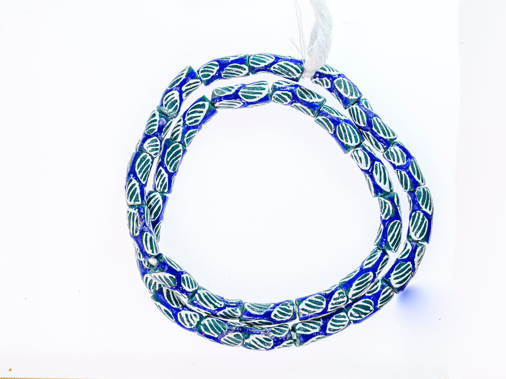 Recycled Glass Beads from Ghana - blue / green / white pattern - M00358