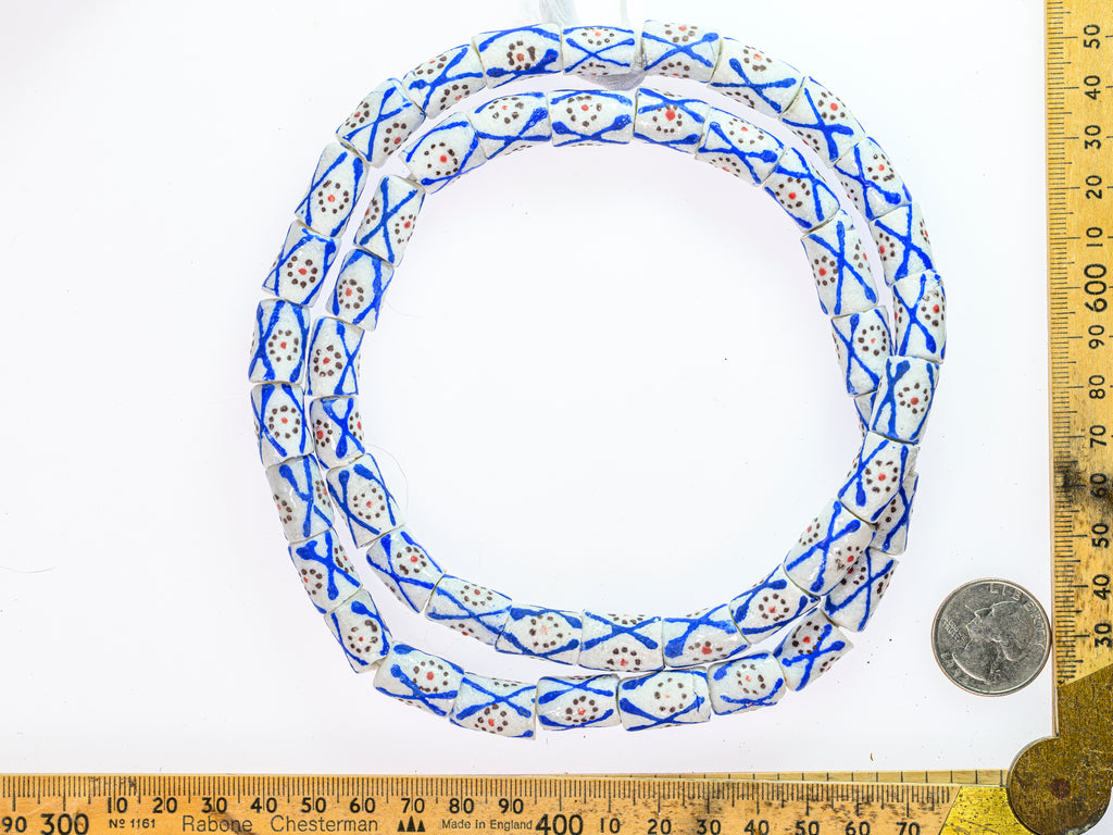 Recycled Glass Beads from Ghana - white with blue and orange pattern - M00360