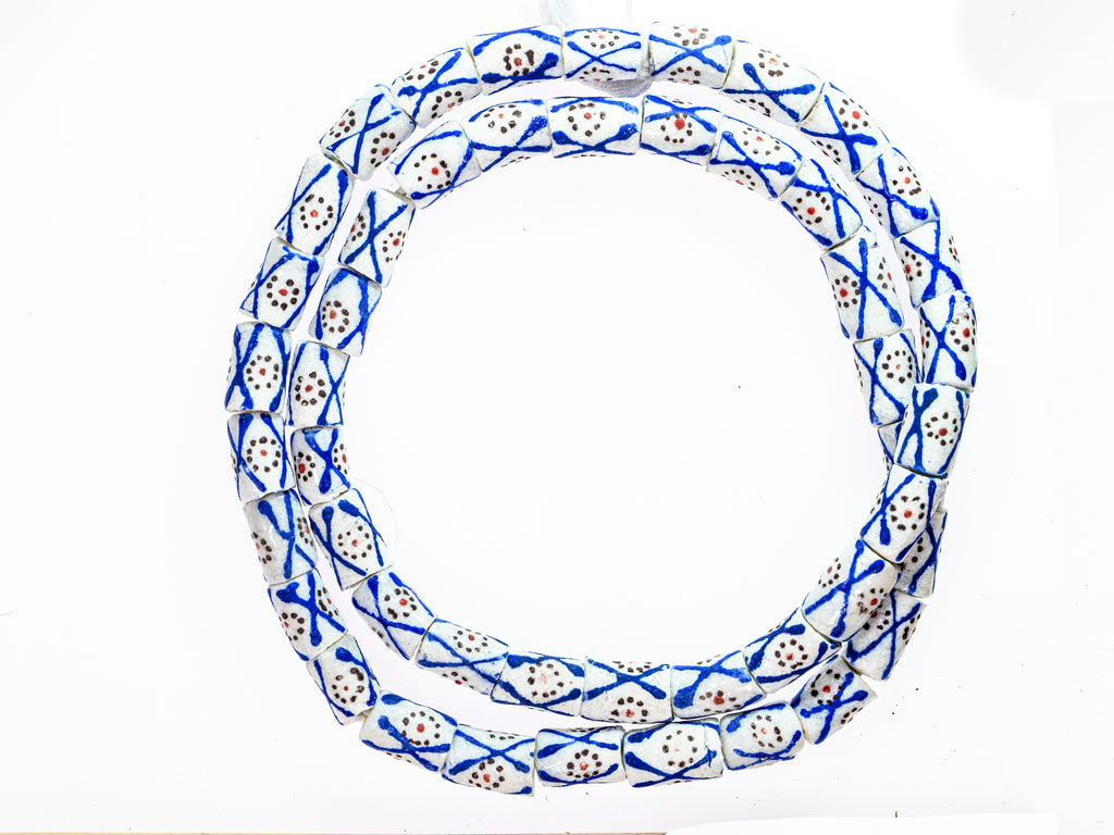 Recycled Glass Beads from Ghana - white with blue and orange pattern - M00360