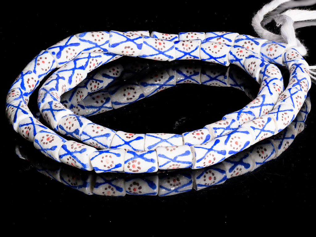 Recycled Glass Beads from Ghana - white with blue and orange pattern - M00360