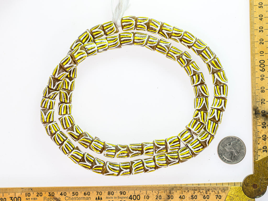 Recycled Glass Beads from Ghana, brown with white and yellow pattern - M00361