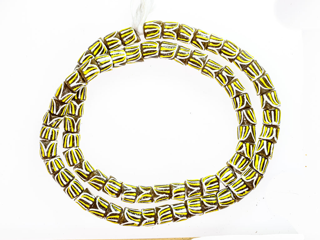 Recycled Glass Beads from Ghana, brown with white and yellow pattern - M00361