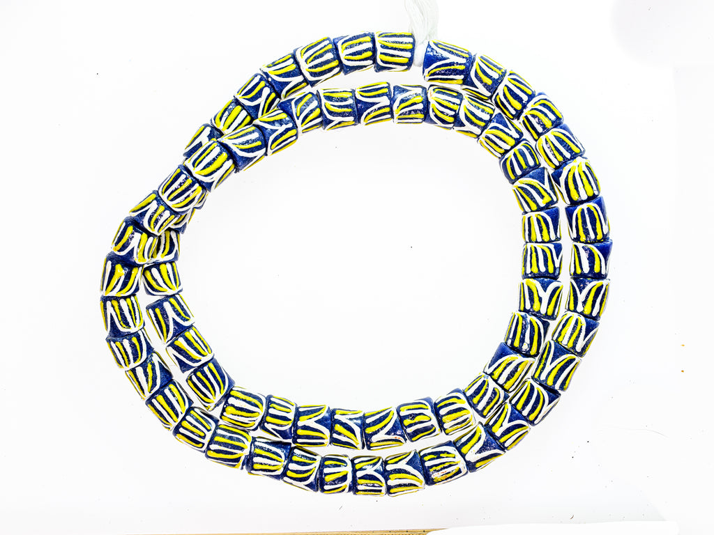 Recycled Glass Beads from Ghana, blue with white and yellow pattern - M00362