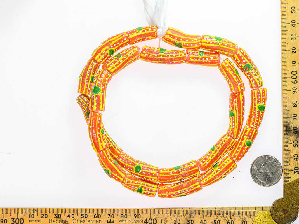 Recycled Glass Beads from Ghana - orange with yellow, green and white pattern - M00364X