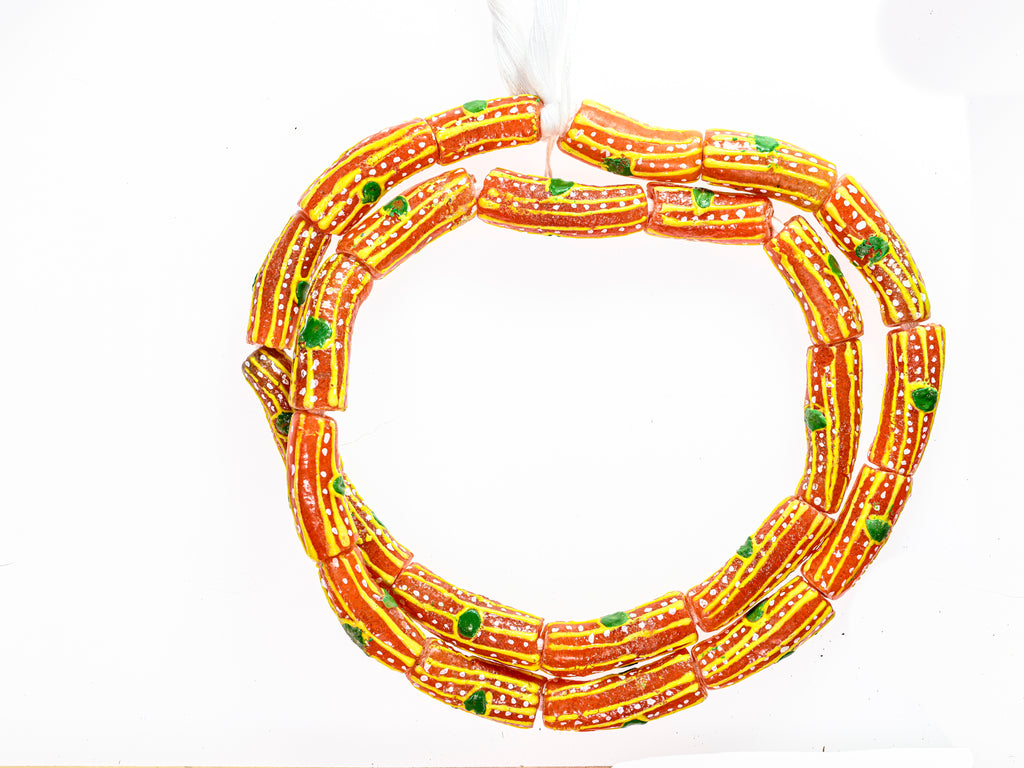Recycled Glass Beads from Ghana - orange with yellow, green and white pattern - M00364X