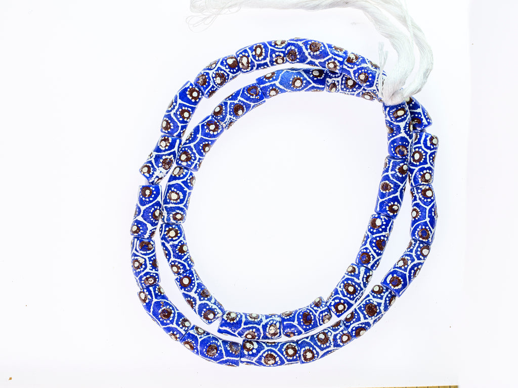 Recycled Glass Beads from Ghana - blue with brown and white pattern - M00365