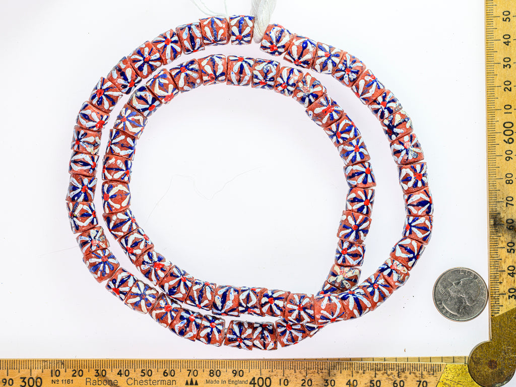Recycled Glass Beads from Ghana, brick red with blue and white pattern - M00366