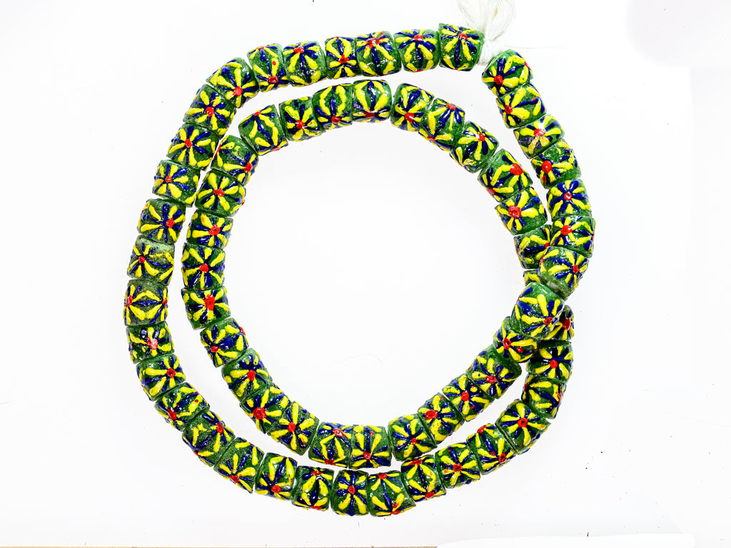 Recycled Glass Beads from Ghana - green with multicolor pattern - M00367