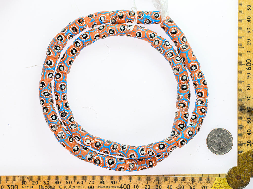 Recycled Glass Beads from Ghana, orange with blue, white and black pattern - M00368