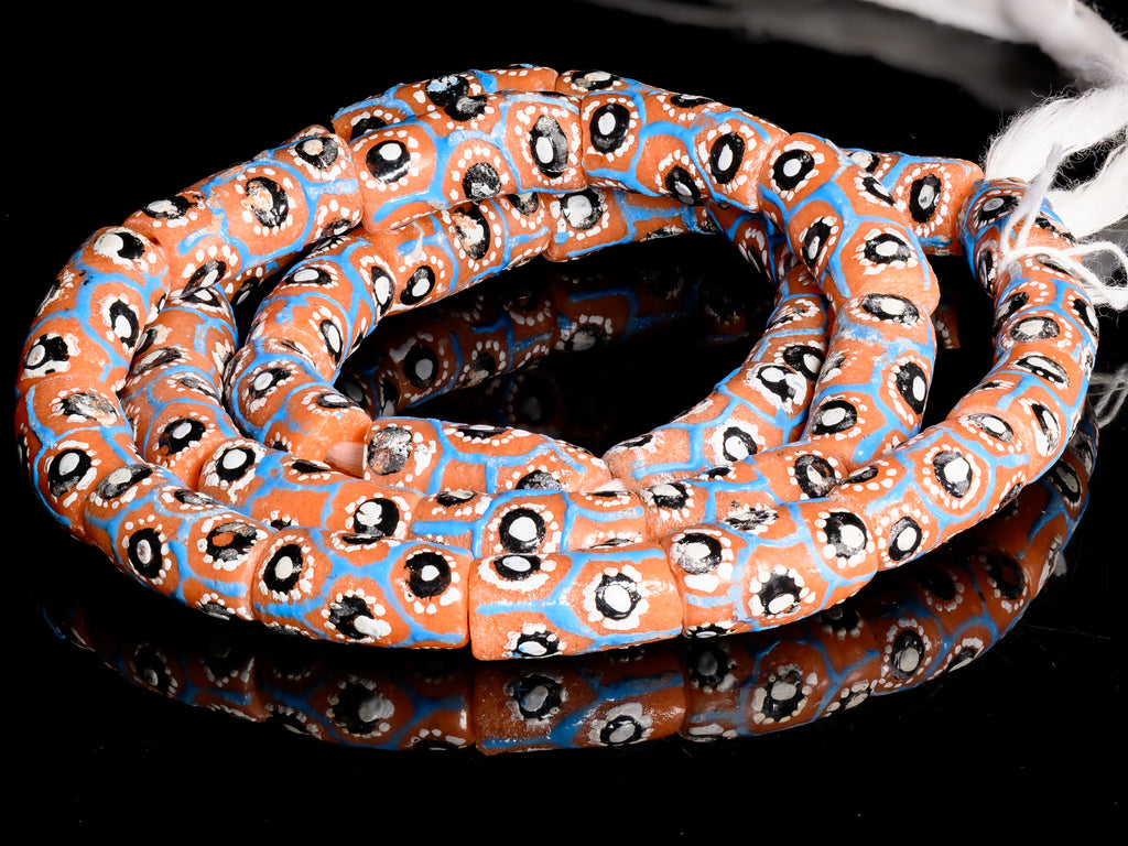 Recycled Glass Beads from Ghana, orange with blue, white and black pattern - M00368