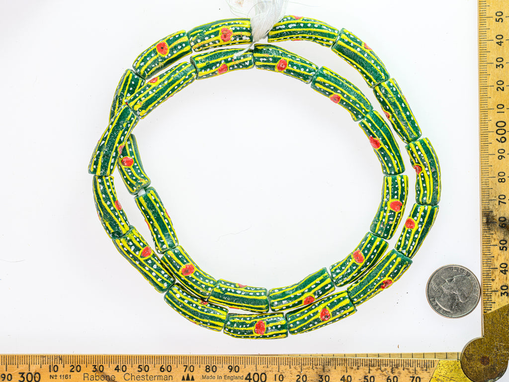 Recycled Glass Beads from Ghana - green with yellow, red and white pattern - M00369