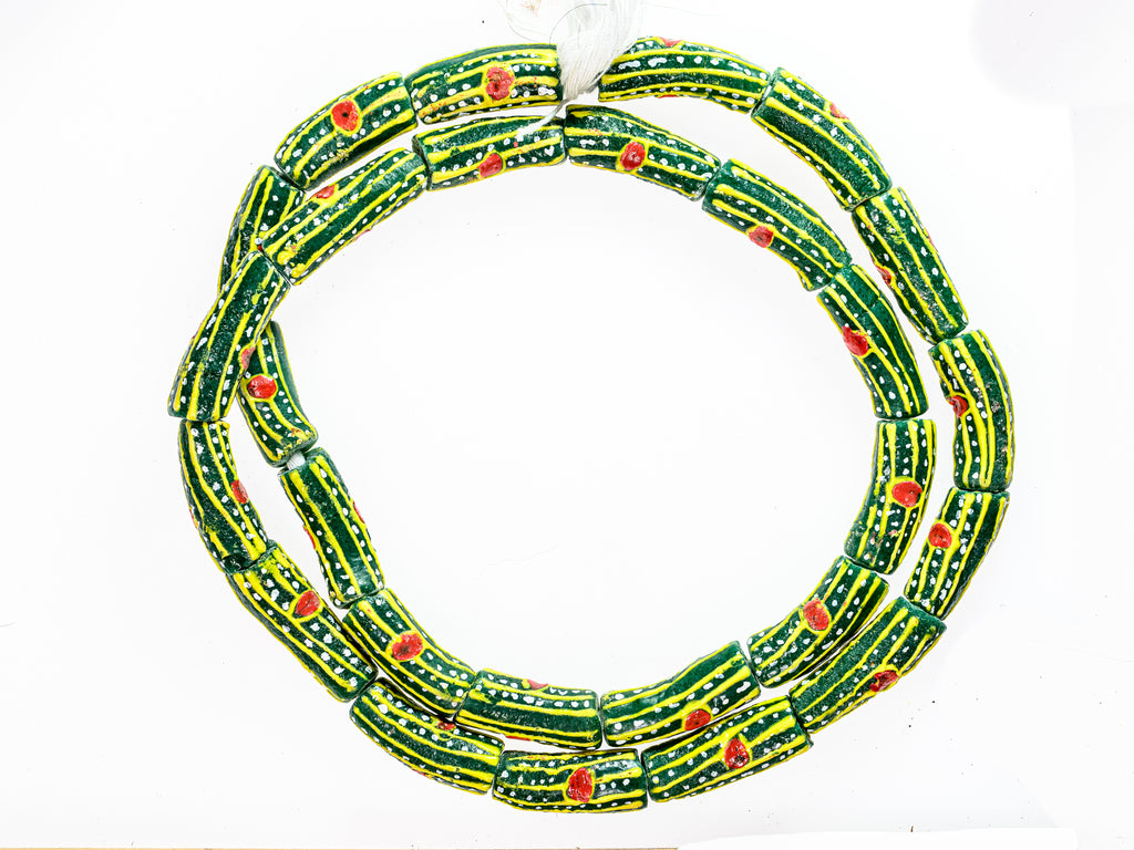 Recycled Glass Beads from Ghana - green with yellow, red and white pattern - M00369