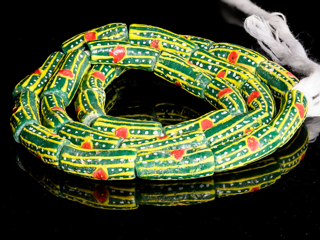 Recycled Glass Beads from Ghana - green with yellow, red and white pattern - M00369