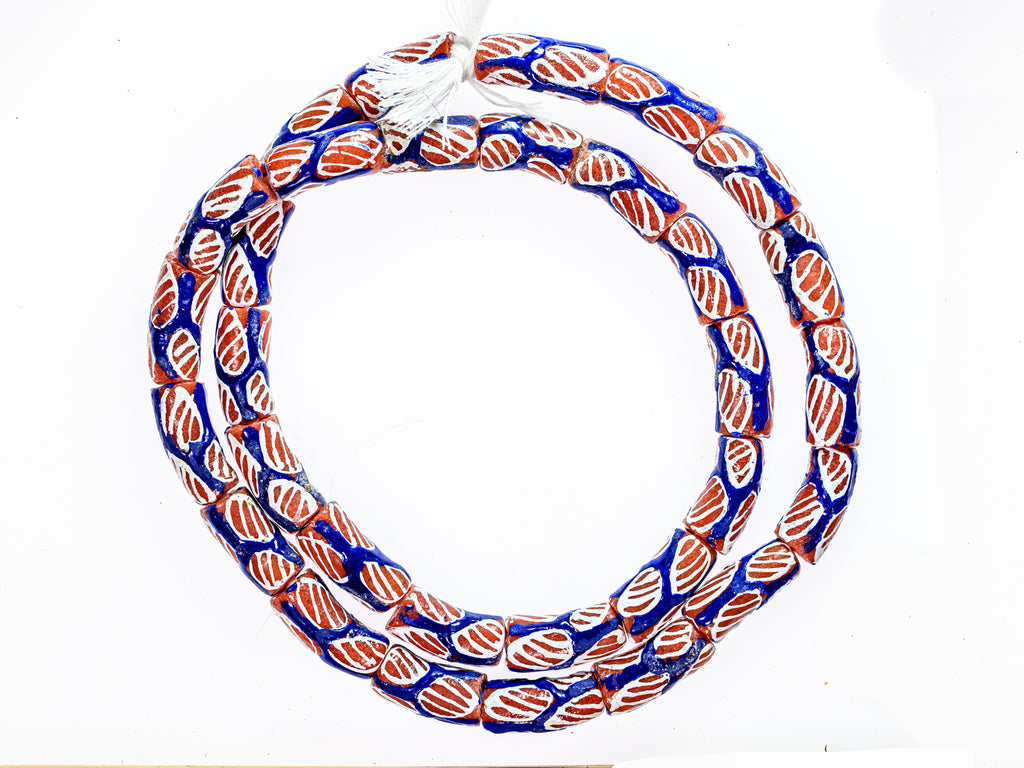 Recycled Glass Beads from Ghana, blue with red and white pattern - M00370