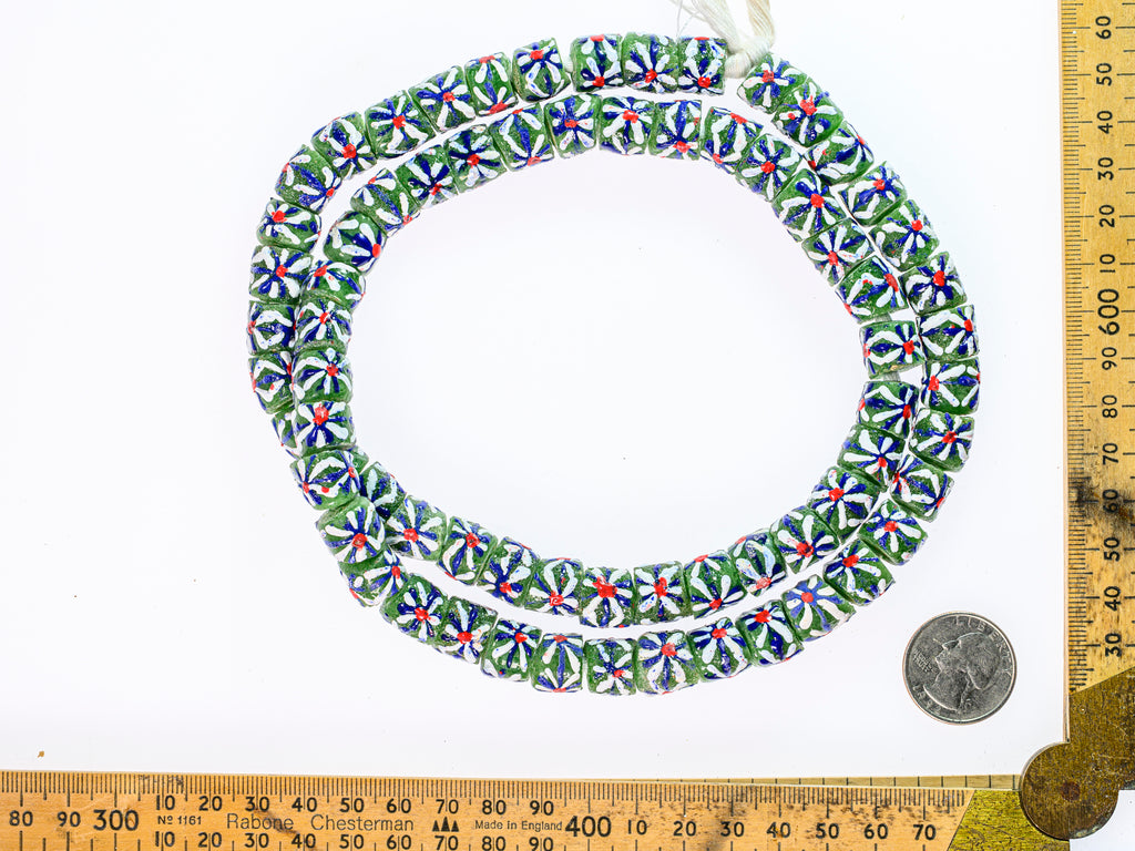 Recycled Glass Beads from Ghana - green with multicolor pattern - M00371
