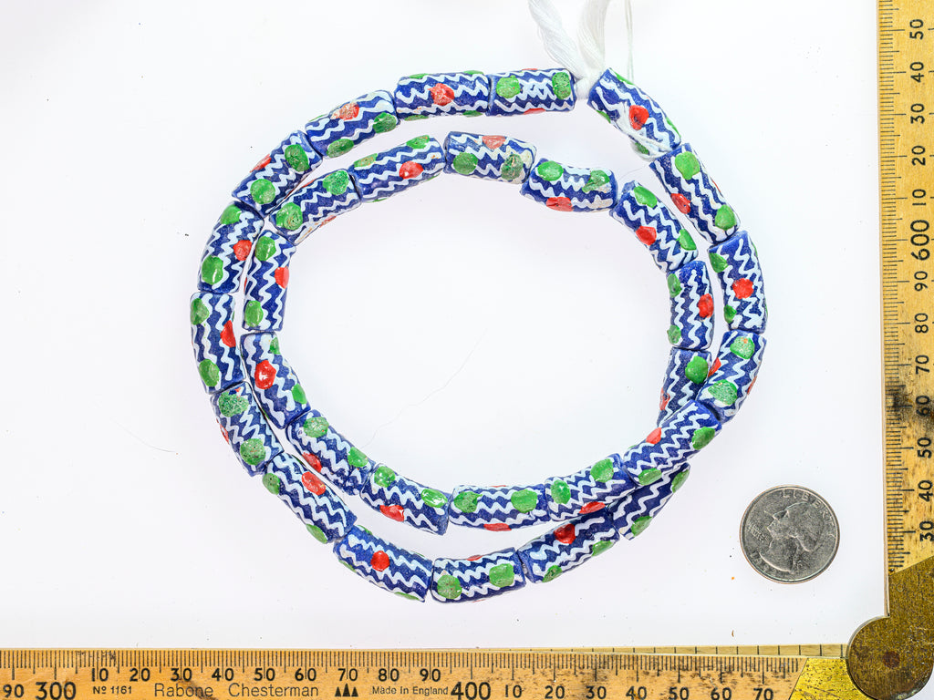 Recycled Glass Beads from Ghana - blue with multicolor pattern - M00372